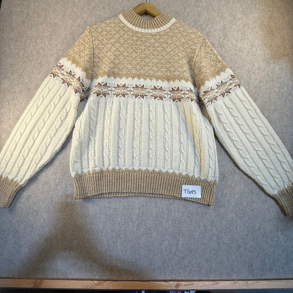 Vintage Jantzen Mens Large Cable Knit‎ Fair Isle Snowflake Sweater Tan Cream USA